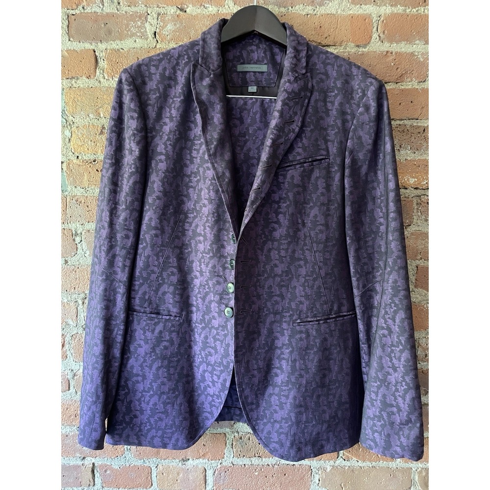 John Varvatos Men Woodward Suit Sz 40R / 50 Wool Silk Purple Camo 34x32 Pant
